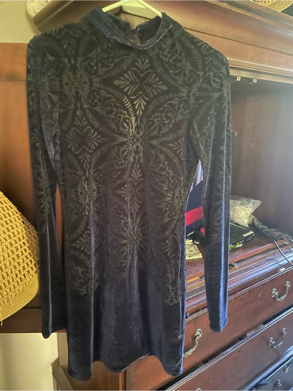 Free People Black Velvet Burnout Long Sleeve Fitted Dress